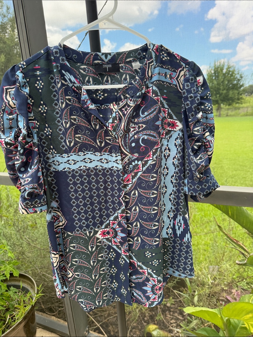 Tahari Navy Patchwork Paisley Button-Front Blouse
